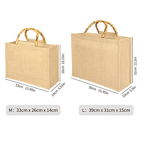 Tibroni Bolsa para la compra portátil, bolsa portátil de yute natural, bolsa de yute con asas de bambú, perfecta para compras, picnic, regalos, viajes, playa Size: L: 39x31x15cm