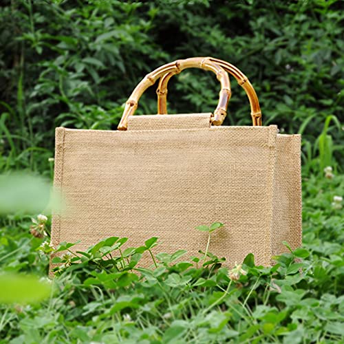 Tibroni Bolsa para la compra portátil, bolsa portátil de yute natural, bolsa de yute con asas de bambú, perfecta para compras, picnic, regalos, viajes, playa Size: L: 39x31x15cm