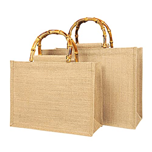 Tibroni Bolsa para la compra portátil, bolsa portátil de yute natural, bolsa de yute con asas de bambú, perfecta para compras, picnic, regalos, viajes, playa Size: L: 39x31x15cm