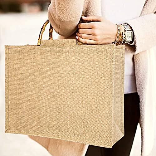 Tibroni Bolsa para la compra portátil, bolsa portátil de yute natural, bolsa de yute con asas de bambú, perfecta para compras, picnic, regalos, viajes, playa Size: L: 39x31x15cm