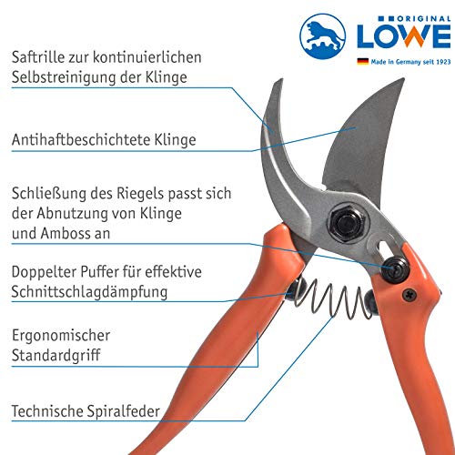 Tijeras Bypass Rose originales de LÖWE 14.104 con cuchillas de acero afiladas hechas de carbono: tijeras de podar robustas con revestimiento antiadherente para diestros para cortar rosas Ram