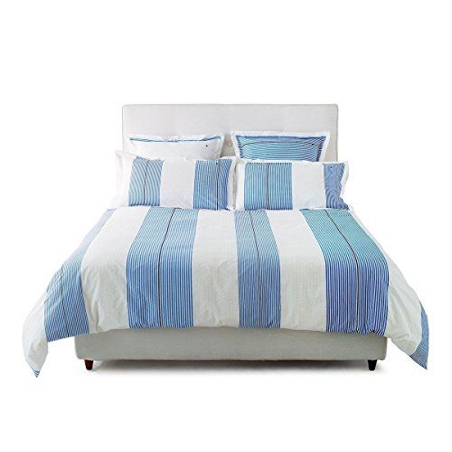 Tommy Hilfiger Juego de cama de percal blanco y azul a rayas, 1 funda nórdica de 155 x 220 cm y 1 funda de almohada de 80 x 80 cm