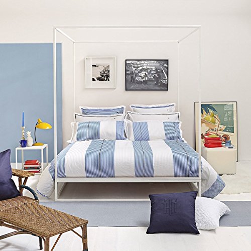 Tommy Hilfiger Juego de cama de percal blanco y azul a rayas, 1 funda nórdica de 155 x 220 cm y 1 funda de almohada de 80 x 80 cm