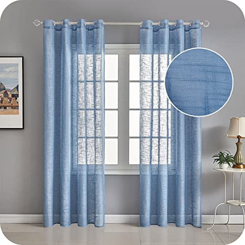 Topfinel Visillo Cortinas Habitacion de Raya Gasa Suave Salon Dormitorio Visillo Lino Vertical para Ventanas Cocina Sala de Estar con Ojales 2 Piezas 140x180cm Azul