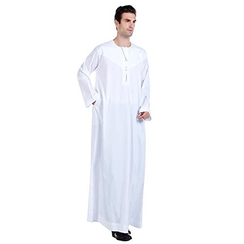 Traje de Hombre Musulmán Traje árabe para Traje de Hombre de Manga Larga Abaya Kaftan Islámico Bata de Cuello Redondo con Cremallera Estampada Media árabe Musulmana (E White, 3XL)