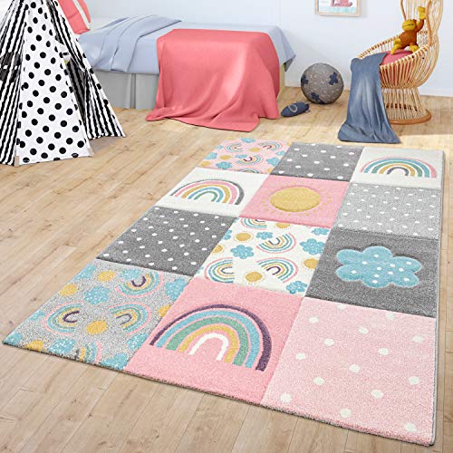 TT Home Alfombra Infantil Habitación Infantil con Diseño Arcoíris Nubes Gris Rosa Crema, Tamaño:Ø 133 cm Quadrat