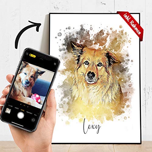 Tu mascota como retrato de arte en un póster con impresión y marco (opcional) – en A4 / A3 – Regalos personalizados – Regalos para hombres y mujeres – Regalo para mascotas – Regalo de foto