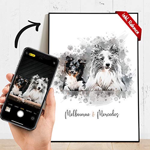 Tu mascota como retrato de arte en un póster con impresión y marco (opcional) – en A4 / A3 – Regalos personalizados – Regalos para hombres y mujeres – Regalo para mascotas – Regalo de foto