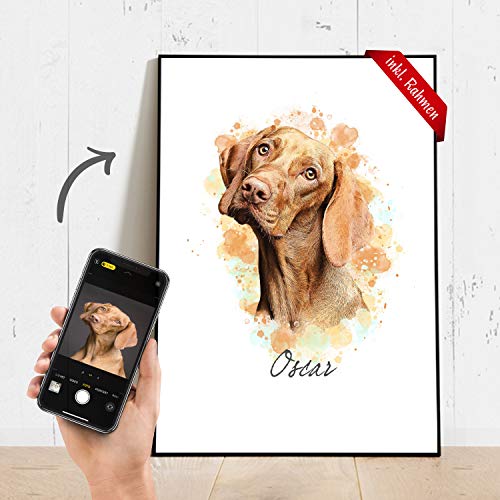 Tu mascota como retrato de arte en un póster con impresión y marco (opcional) – en A4 / A3 – Regalos personalizados – Regalos para hombres y mujeres – Regalo para mascotas – Regalo de foto