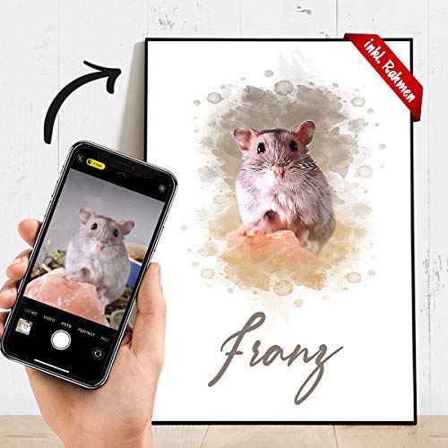 Tu mascota como retrato de arte en un póster con impresión y marco (opcional) – en A4 / A3 – Regalos personalizados – Regalos para hombres y mujeres – Regalo para mascotas – Regalo de foto