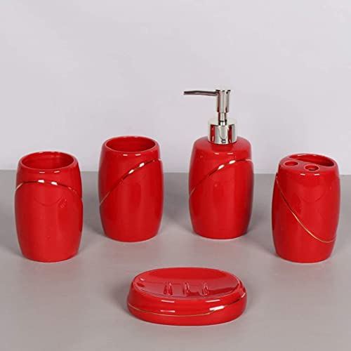 UKUOFL Juego de Accesorios de baño de cerámica Juego de 5 Piezas Botella de loción Soporte para Cepillo de Dientes Taza para la Boca x2 Jabonera (Rojo) Happy House