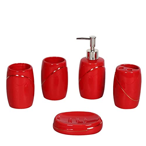 UKUOFL Juego de Accesorios de baño de cerámica Juego de 5 Piezas Botella de loción Soporte para Cepillo de Dientes Taza para la Boca x2 Jabonera (Rojo) Happy House