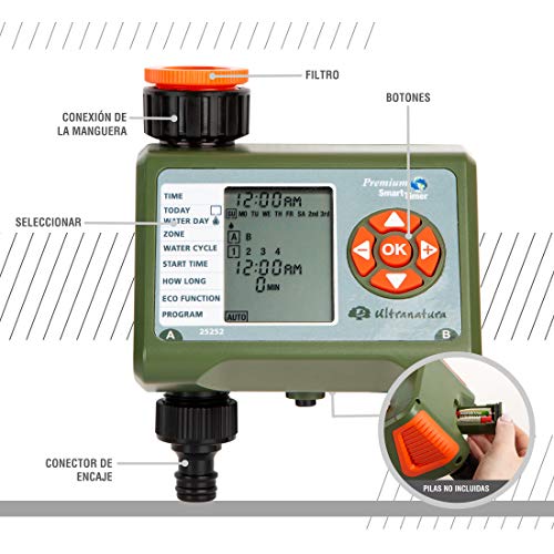 Ultranatura Programador Pantalla LCD, para regar macetas, césped, etc, Control Salida y Cuatro ciclos de riego