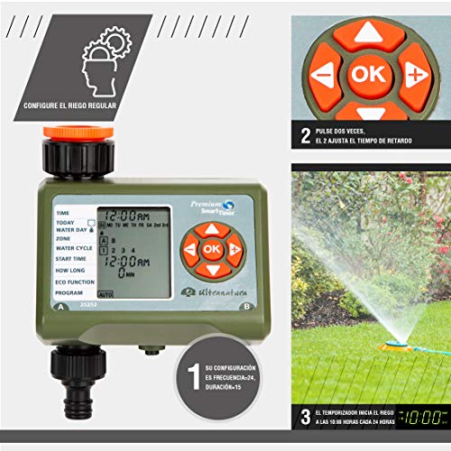 Ultranatura Programador Pantalla LCD, para regar macetas, césped, etc, Control Salida y Cuatro ciclos de riego