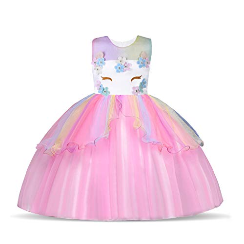 URAQT Disfraz de Unicornio, Vestido de Princesa Unicornio para Niñas, Vestido Elegante con Collar / Diadema para Cumpleaños / Cosplay / Boda, Edad 2-10 Años (Rosado, 110cm)