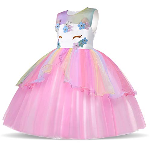 URAQT Disfraz de Unicornio, Vestido de Princesa Unicornio para Niñas, Vestido Elegante con Collar / Diadema para Cumpleaños / Cosplay / Boda, Edad 2-10 Años (Rosado, 110cm)