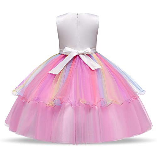 URAQT Disfraz de Unicornio, Vestido de Princesa Unicornio para Niñas, Vestido Elegante con Collar / Diadema para Cumpleaños / Cosplay / Boda, Edad 2-10 Años (Rosado, 110cm)