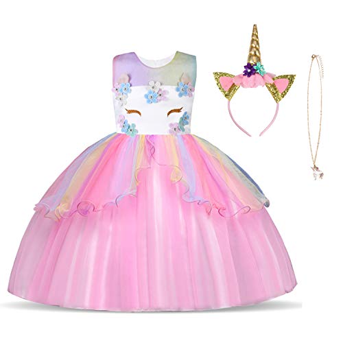 URAQT Disfraz de Unicornio, Vestido de Princesa Unicornio para Niñas, Vestido Elegante con Collar / Diadema para Cumpleaños / Cosplay / Boda, Edad 2-10 Años (Rosado, 110cm)