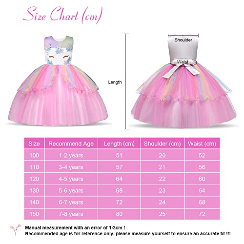 URAQT Disfraz de Unicornio, Vestido de Princesa Unicornio para Niñas, Vestido Elegante con Collar / Diadema para Cumpleaños / Cosplay / Boda, Edad 2-10 Años (Rosado, 110cm)