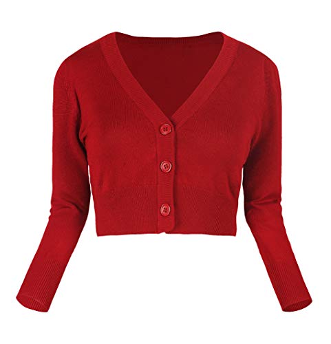 Urban GoCo Mujeres Chaqueta Corta Punto de Manga 3/4 Rebecas Escote en V Bolero Cárdigan (L, Rojo)