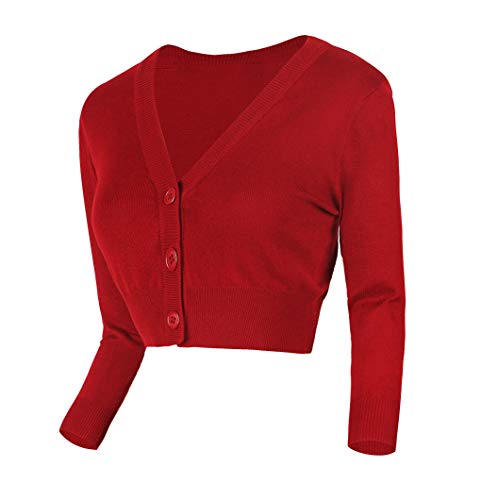 Urban GoCo Mujeres Chaqueta Corta Punto de Manga 3/4 Rebecas Escote en V Bolero Cárdigan (L, Rojo)