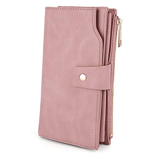 UTO - Mujer Cartera de Bloqueo de RFID PU Cuero Monedero Largo 21 Ranuras para Tarjetas Monedero Gran Capacidad Bolsillo para Móvil Rosa Nuevo