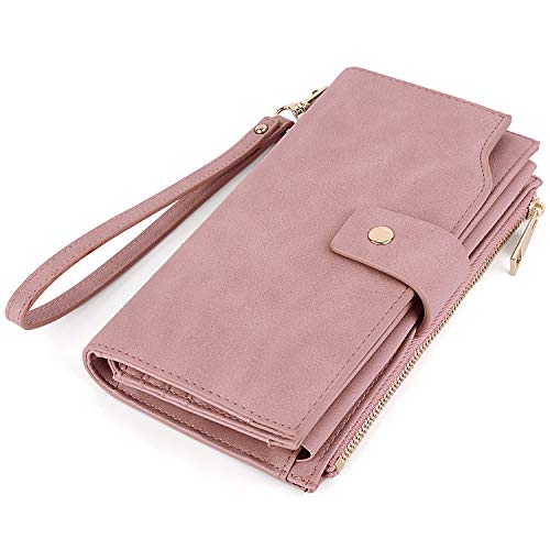 UTO - Mujer Cartera de Bloqueo de RFID PU Cuero Monedero Largo 21 Ranuras para Tarjetas Monedero Gran Capacidad Bolsillo para Móvil Rosa Nuevo