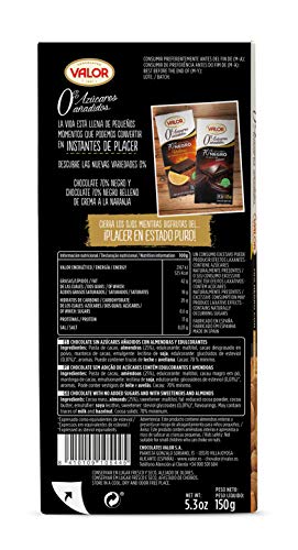 Valor - Chocolate Negro 70% con Almendras Mediterráneas. Sin Gluten. 0% Azúcares añadidos. Chocolate Negro Valor apto para Celiacos - 150 Gramos