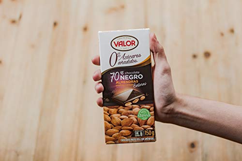 Valor - Chocolate Negro 70% con Almendras Mediterráneas. Sin Gluten. 0% Azúcares añadidos. Chocolate Negro Valor apto para Celiacos - 150 Gramos