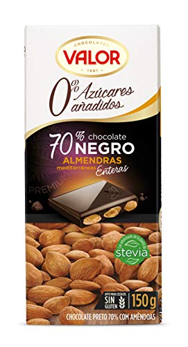 Valor - Chocolate Negro 70% con Almendras Mediterráneas. Sin Gluten. 0% Azúcares añadidos. Chocolate Negro Valor apto para Celiacos - 150 Gramos