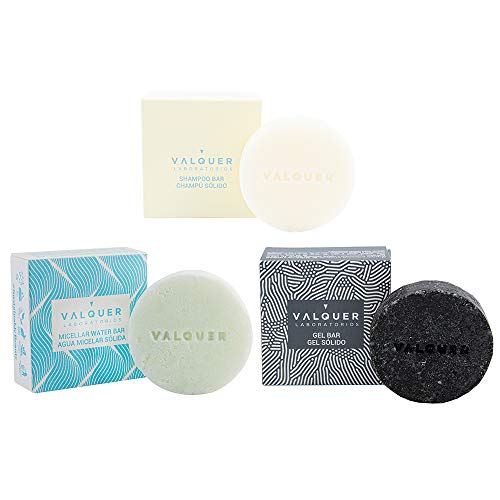 Válquer Pack Cosméticos Sólidos, Champú Sólido Sin Sulfatos Cabello Graso + Agua Micelar Solida+ Gel Corporal Sólido Carbón Activo, Vegano 150 G, 3 Unidades