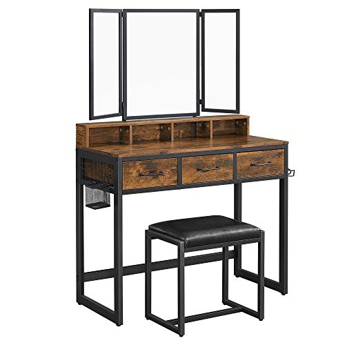 VASAGLE Tocador con Taburete, Juego de Mesa de Maquillaje con Espejo Triple, 3 Cajones, con Estructura de Acero, Estilo Industrial, Marrón Rústico y Negro RVT004B01