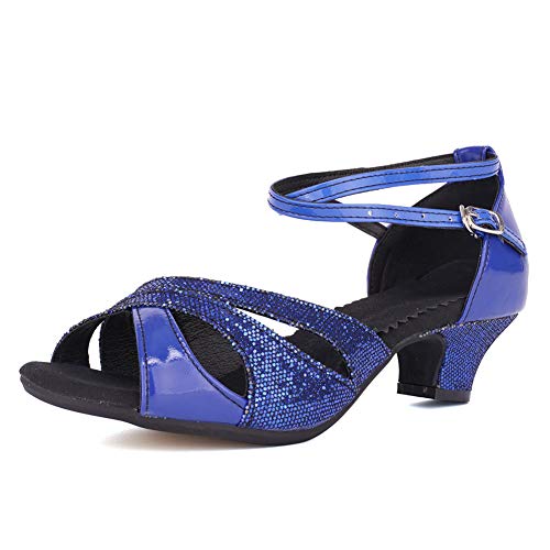 VCIXXVCE Sandalias de Fiesta de Boda para Mujer, Zapatos de Baile Latino de tacón bajo con Brillo, Modelo DY-05, Azul, EU 37.5