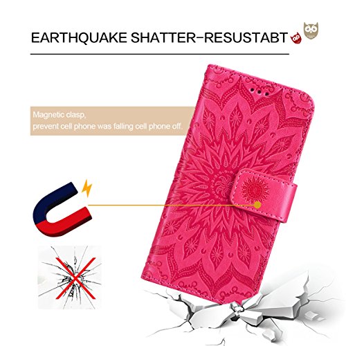 VemMore Funda Samsung Galaxy A8 Plus 2018 Cuero Fundas Libro Resistente Soporte Plegable Ranuras para Tarjetas y Billetes Cierre Magnético Ultra-Delgado Protección Flor Girasol Carcasa - Rojo