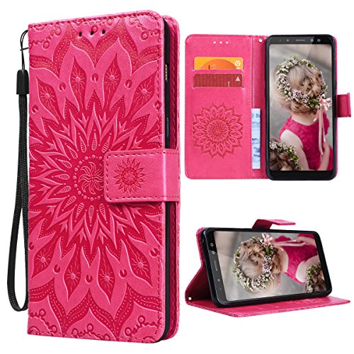 VemMore Funda Samsung Galaxy A8 Plus 2018 Cuero Fundas Libro Resistente Soporte Plegable Ranuras para Tarjetas y Billetes Cierre Magnético Ultra-Delgado Protección Flor Girasol Carcasa - Rojo