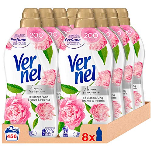 Vernel Suavizante Concentrado para la Ropa Aromaterapia Té & Peonia - Pack de 8x57D, Total 456 Lavados (10.4 L)