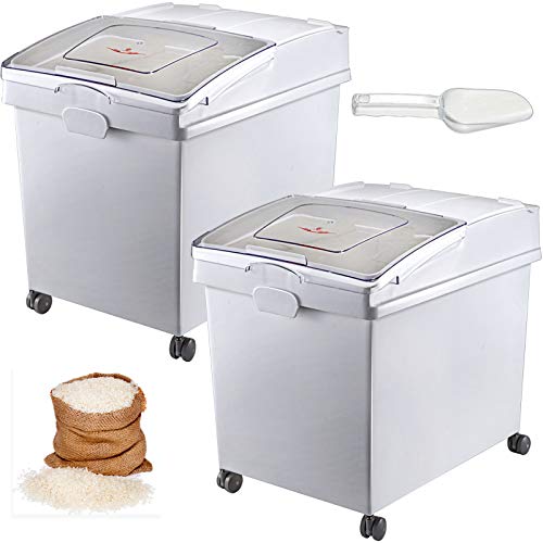 VEVOR Contenedor de Harina de 25 kg, Contenedor de Arroz 2 Piezas/Juego con Tapas y Ruedas Blanco, Contenedor de Almacenamiento de Arroz de Alta Capacidad, Dispensador de Cereales, Arroz Dispensador