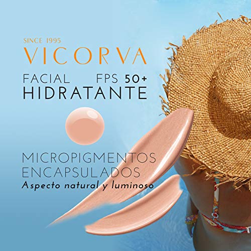 VICORVA HIDRATANTE FACIAL FPS50+ CON COLOR | Crema solar diaria con protección UVA y UVB muy alta | Micropigmentos Encapsulados | Vitamina E y Polímero Hidrolizado de Proteína de Trigo | 50ml