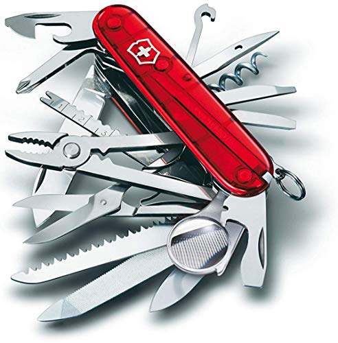 Victorinox Swiss Champ Navaja con 33 funciones, incluyendo alicates combinados, tijeras y lupa, de color rojo transparente