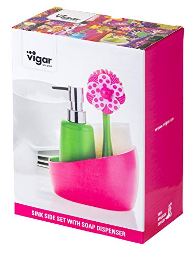 Vigar Lolaflor Set Fregadero con Cepillo, Esponja y dosificador para jabón, Material: Nylon, ABS, TPE, PVC, Silicona, Rosa, Dimensiones: 17 x 9 x 23 cm, 1 Unidades