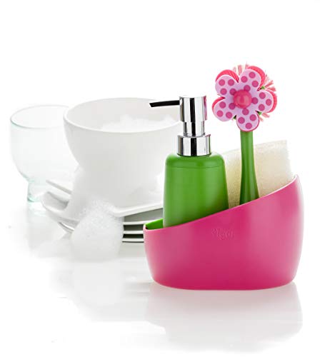 Vigar Lolaflor Set Fregadero con Cepillo, Esponja y dosificador para jabón, Material: Nylon, ABS, TPE, PVC, Silicona, Rosa, Dimensiones: 17 x 9 x 23 cm, 1 Unidades