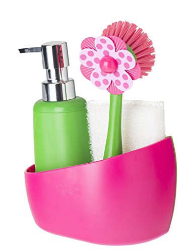 Vigar Lolaflor Set Fregadero con Cepillo, Esponja y dosificador para jabón, Material: Nylon, ABS, TPE, PVC, Silicona, Rosa, Dimensiones: 17 x 9 x 23 cm, 1 Unidades