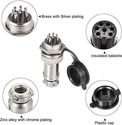 VISSQH 16pcs Gx16 Enchufe de Aviación,16mm Panel Conector,Cable Conector 7 Pines,5A Macho Hembra Metal Conector Conector de aviación +Goma Tapa Protectora y Destornillador Phillips