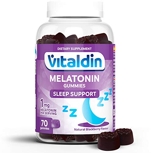 VITALDIN Melatonina gummies - 1 mg por dosis diaria - 70 gominolas (suministro para 2 meses), sabor a Mora - Ayuda a Conciliar el Sueño - Sin Gluten - Apto para Niños & Adultos