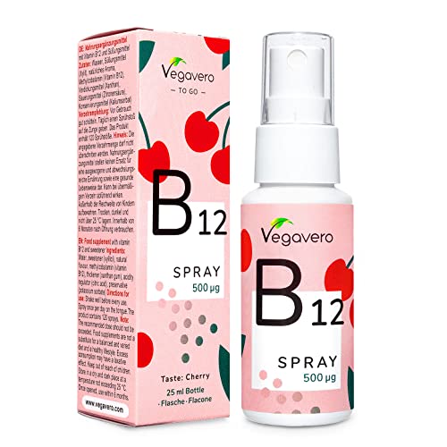 Vitamina B12 Spray Vegavero® | 500 mcg | Apto para Veganos | Sabor a Cereza Natural | Testado en Laboratorio | Energía + Fatiga* | 25 ml | Metilcobalamina