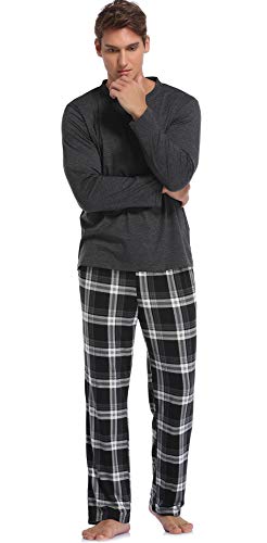 Vlazom Conjunto de Pijamas para Hombre, Pijama Hombre Invierno Parte Superior de Manga Larga, Pijama Suave y Parte Superior a Cuadros,XL,B-Negro