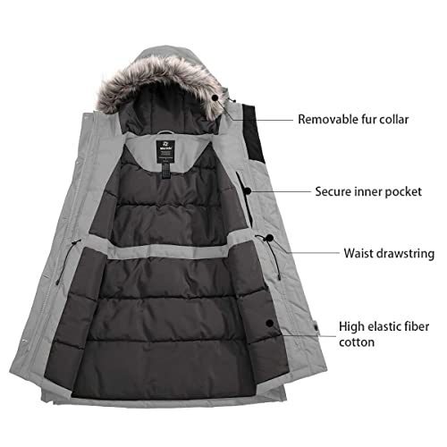 Wantdo Abrigo Cálido Antiviento Chaqueta de Algodón Invierno al Aire Libre Resistente al Agua Parka Gruesa Capucha con Pelo Desmontable para Mujer Gris L