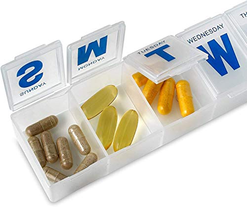 Weekly Pill Organizer - Extra Large Pill, Medicine, Vitamin Organizer Box, Weekly, Daily Planner Container with Easy to Read Letters, BPA Free - Daily Travel 7 Day Medication Pill Box Case