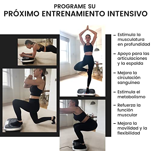 WeightWorld Plataforma Vibratoria Fitness - Máquina de Ejercicio y Masajes, Entrenamiento en Casa, con Altavoz Bluetooth, Mando a Distancia y Gomas Elásticas Fitness, 99 Niveles