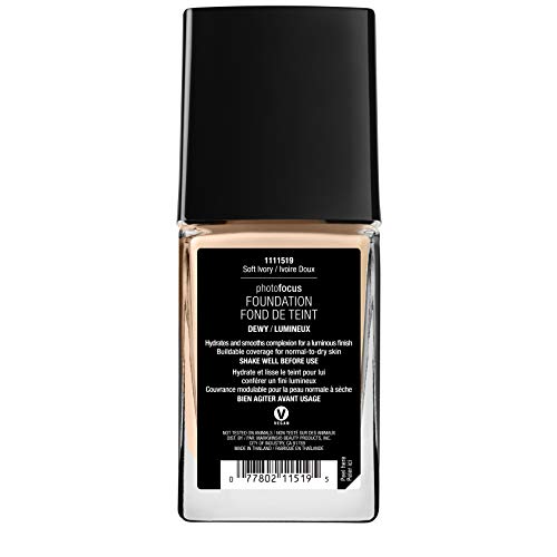 Wet n Wild - Photo Focus Foundation DEWY - Base Ligera, Hidratante y Supernutritiva para Pieles Normales y Secas - Atenúa las Imperfecciones y Minimiza los Poros - Vegano - Soft Ivory - 1 Unidad